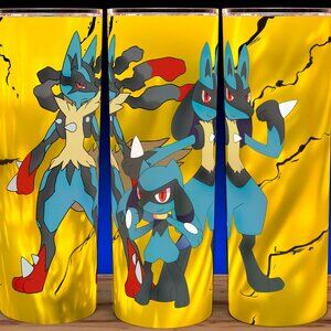 Lucario and Riolu and Mega Lucario Pokemon on Yellow Background Cup Mug Tumbler